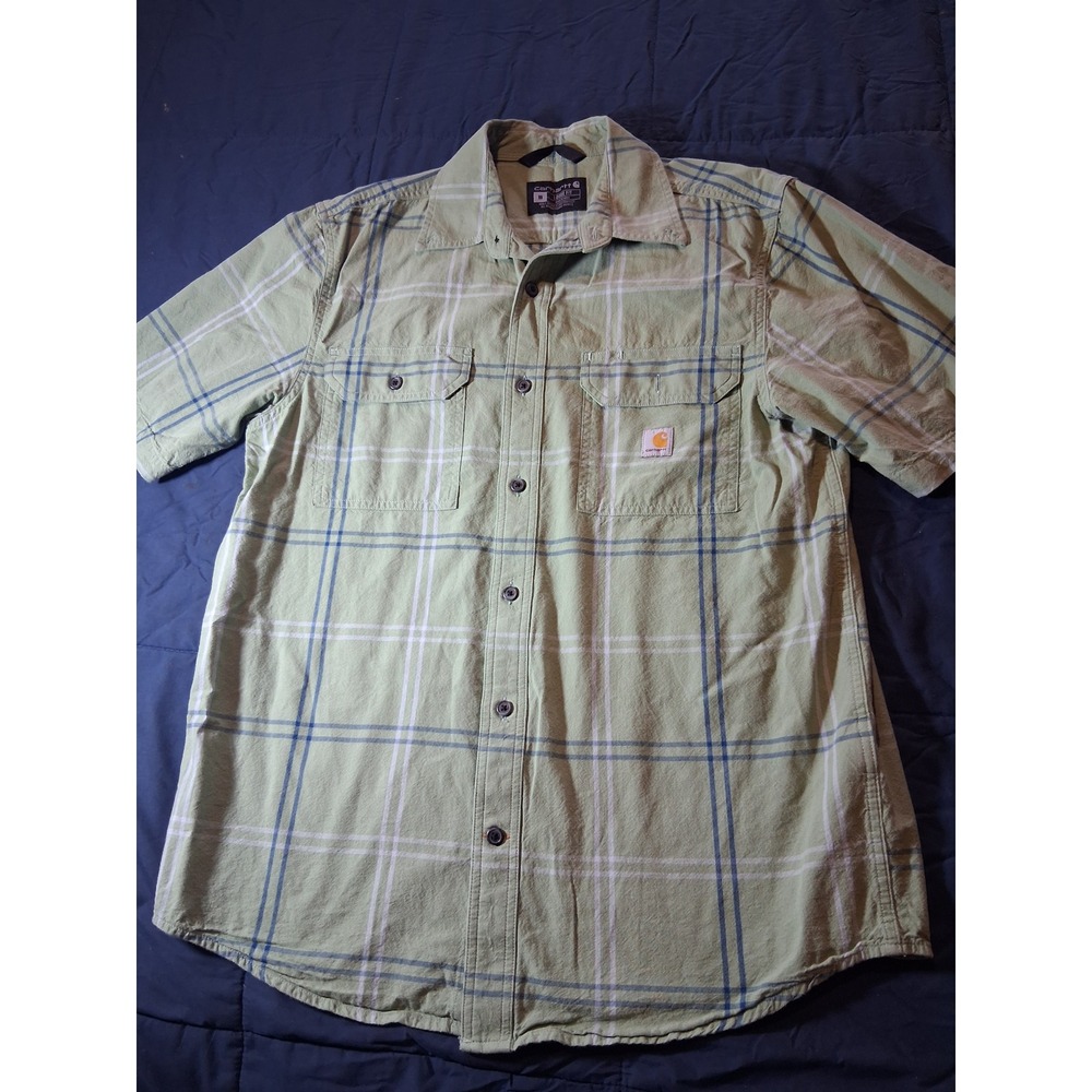 Carhartt Mens Loose Fit Short Sleeve Plaid‎ Button Down Work Shirt Green Medium